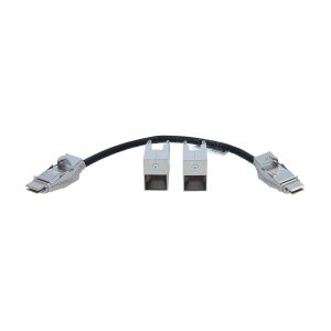 Brand-new Cisco Catalyst C9300L-STACK-KIT front view with two stack adapters and stacking cable.